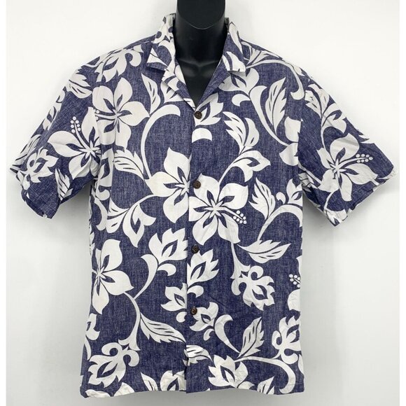 Hilo Hattie Men Large Blue Hibiscus Button Short Sleeve Shirt Aloha Hawaiian EUC - Picture 1 of 8